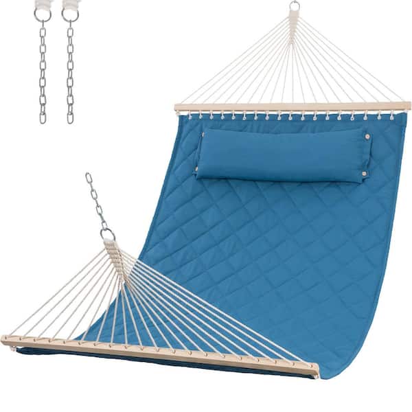 Unbranded 78.7 in. x 55 in. Double Hammock Quilted Fabric Swing Large Hammock Bed with Spreader Bars, Detachable Pillow in Blue