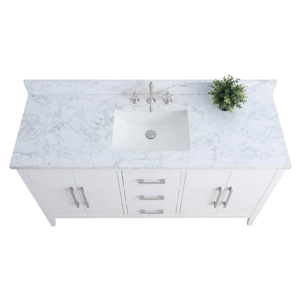 60'' White MDF Freestanding Bathroom Vanity with Engineered Marble Top