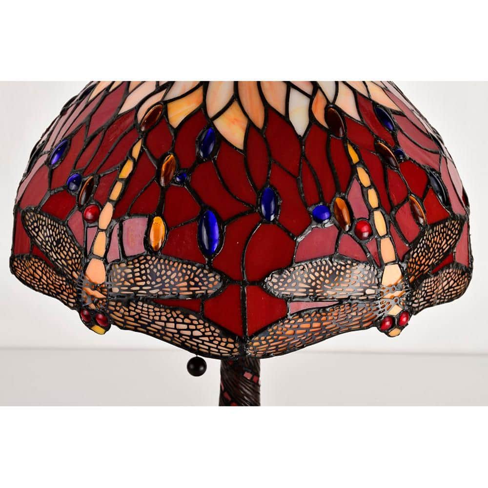 22" Red and Bronze Stained Glass Dragonfly Table Lamp