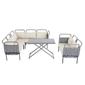 Gray 5-Piece Metal Outdoor Sectional Set, Modern Patio Woven Rope Sofa Set with Table and Beige Cushions for Backyard