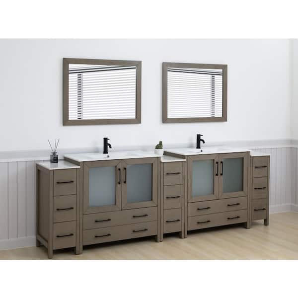 108 in. W x 18 in. D x 36 in. H Driftwood Gray Bath Vanity with White Ceramic Top and Mirror