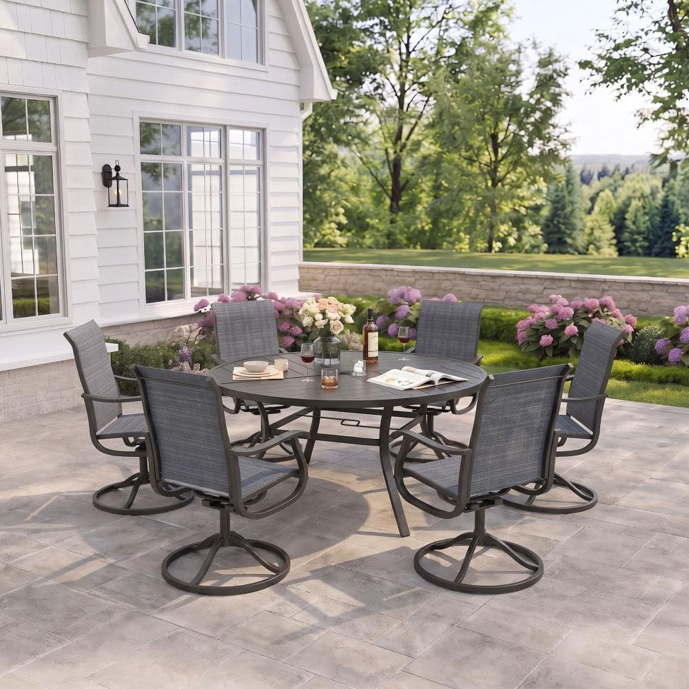 7-Piece Metal Outdoor Patio Dining Set with Round Table and High Back Padded Textilene Swivel Chairs in Drak Gray price history on PriceWatchPro