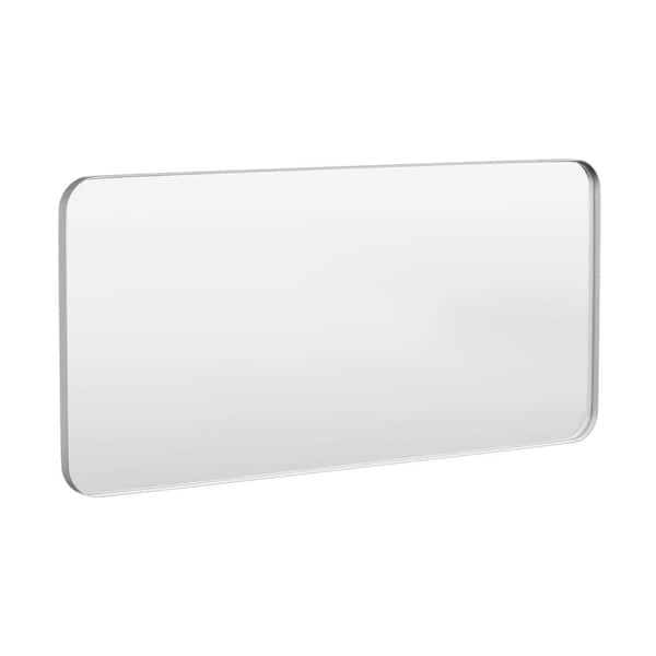 HOMEIBRO 60 in. W x 28 in. H Tempered Glass Rounded Rectangle Framed Wall-Mounted Bathroom Vanity Mirror in Silver
