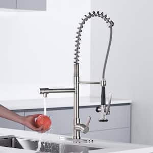 Commercial Deck Mount Double Handle Pull Down Sprayer Kitchen Faucet with Pre-Rinse, Advanced Spray in Brushed Nickel