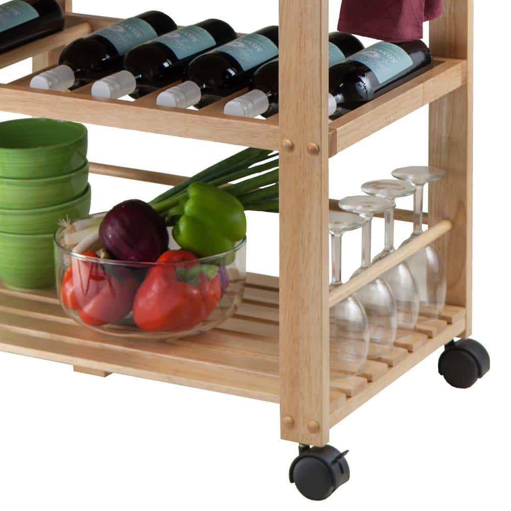 Transitional Brown Wood Kitchen Cart with Wine Storage and Knife Block