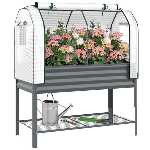47.2 in. L x 21.7 in. W x 55.1 in. H Raised Garden Bed with Greenhouse Cover Dark Gray Galvanised Metal Planter