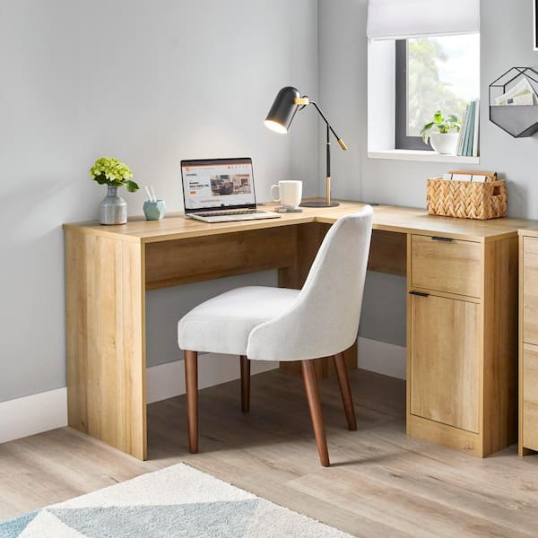 StyleWell Bromley L-Shaped Light Oak Desk with Drawer and Cabinet Storage