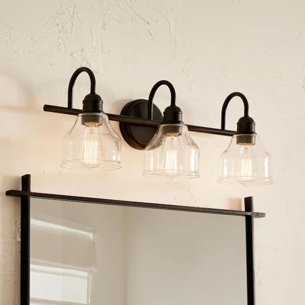 Avery 24 in. 3-Light Black Industrial Bathroom Vanity Light with Clear Seeded Glass