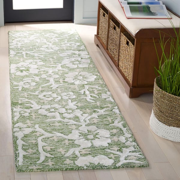 Glamour 2 ft. x 8 ft. Green/Ivory Distressed Floral Runner Rug