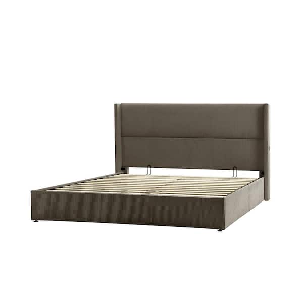 JAYDEN CREATION Genoveva Khaki Wooden Queen Platform Bed with USB Charging Ports and Storage