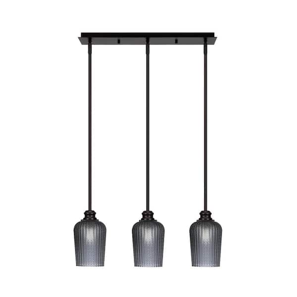Unbranded Albany 60-Watt 3-Light Espresso Linear Pendant Light with Smoke Textured Glass Shades and No Bulbs Included