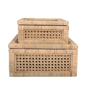Boho Woven Cane and Rattan Display Boxes with Glass Lids in Natural (Set of 2)