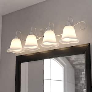 Bella 37.5 in. W 4-Light Brushed Nickel Vanity Light Fixture Transitional White Alabaster Glass Bathroom Wall Lighting