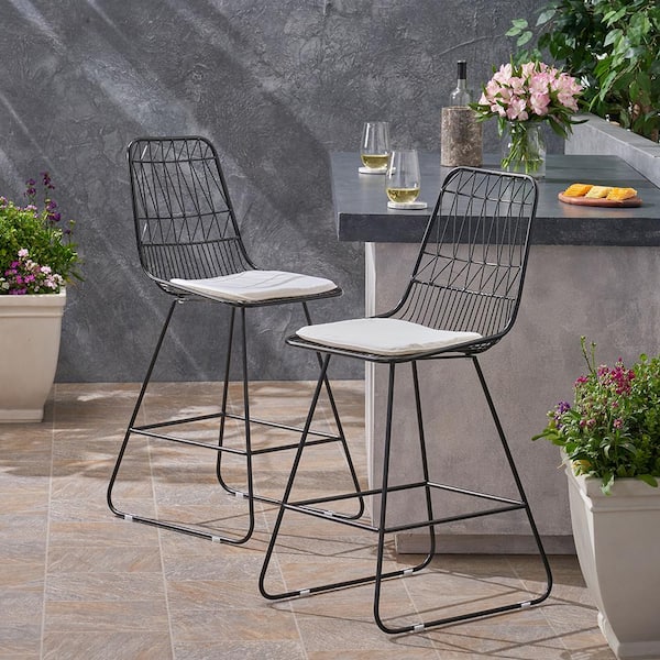 AULEDIO Metal Outdoor Bar Stool with Ivory Cushion (2-Pack)