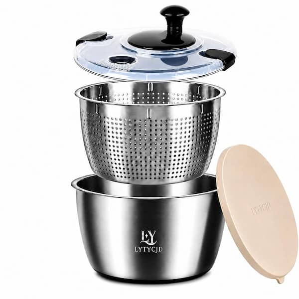 Salad Spinner with 5.3 qt. 304 Stainless Steel Bowl, Black, Grater Lid, Storage Lid and Built-In Drain Port