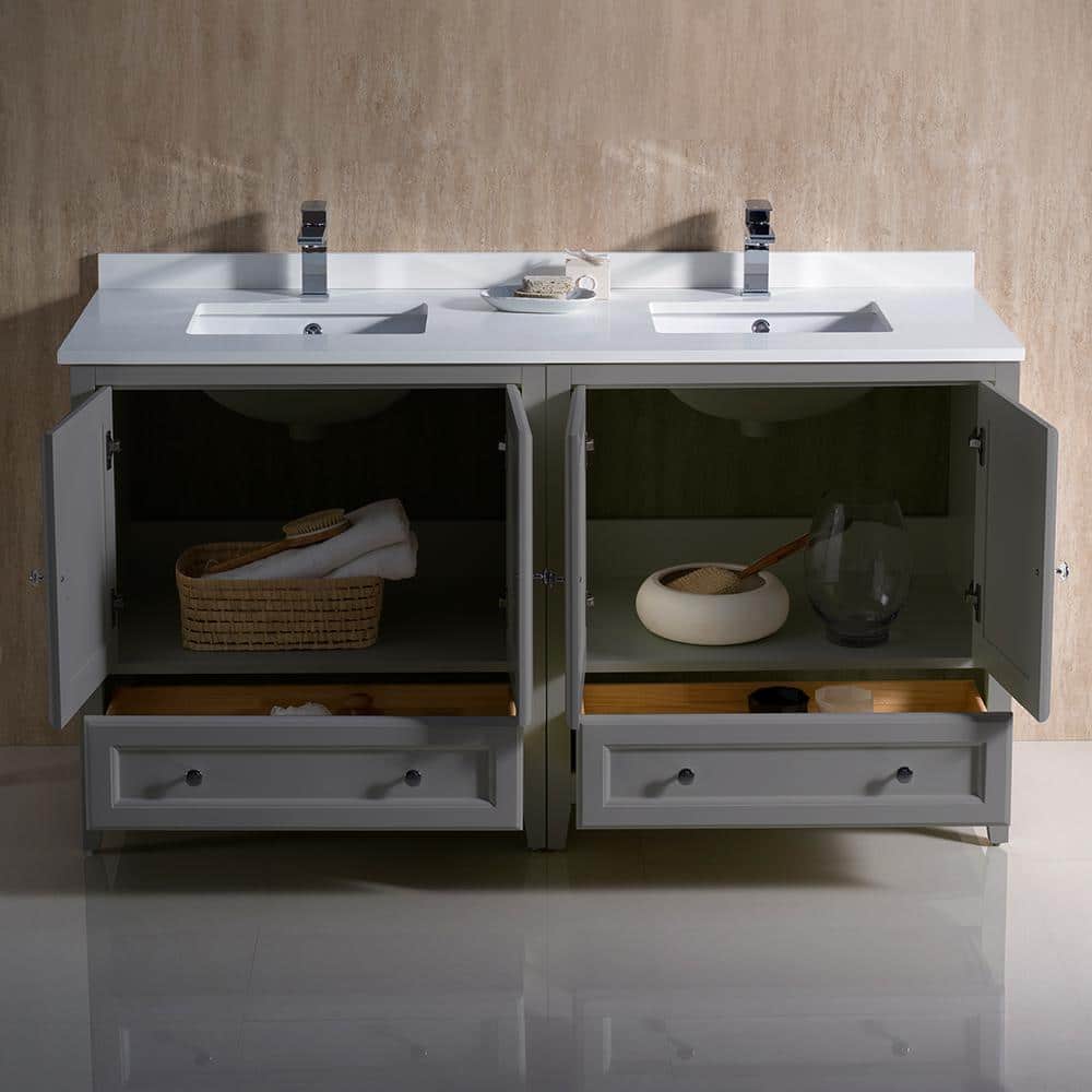 Oxford 60" Gray Quartz Stone Double Sink Freestanding Vanity