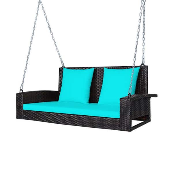Clihome 2-Person Wicker Patio Rattan Porch Swing with Turquoise Cushions
