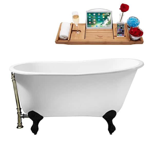 Streamline 53 in. x 28 in. Cast Iron Clawfoot Soaking Bathtub in Glossy White with Matte Black Clawfeet and Brushed Nickel Drain