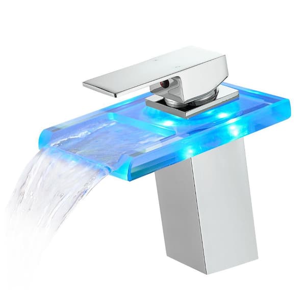 Lukvuzo Single-Handle LED light 3 Colors Changing Waterfall Glass Spout One Hole Deck Mount Bathroom Faucet in Chrome