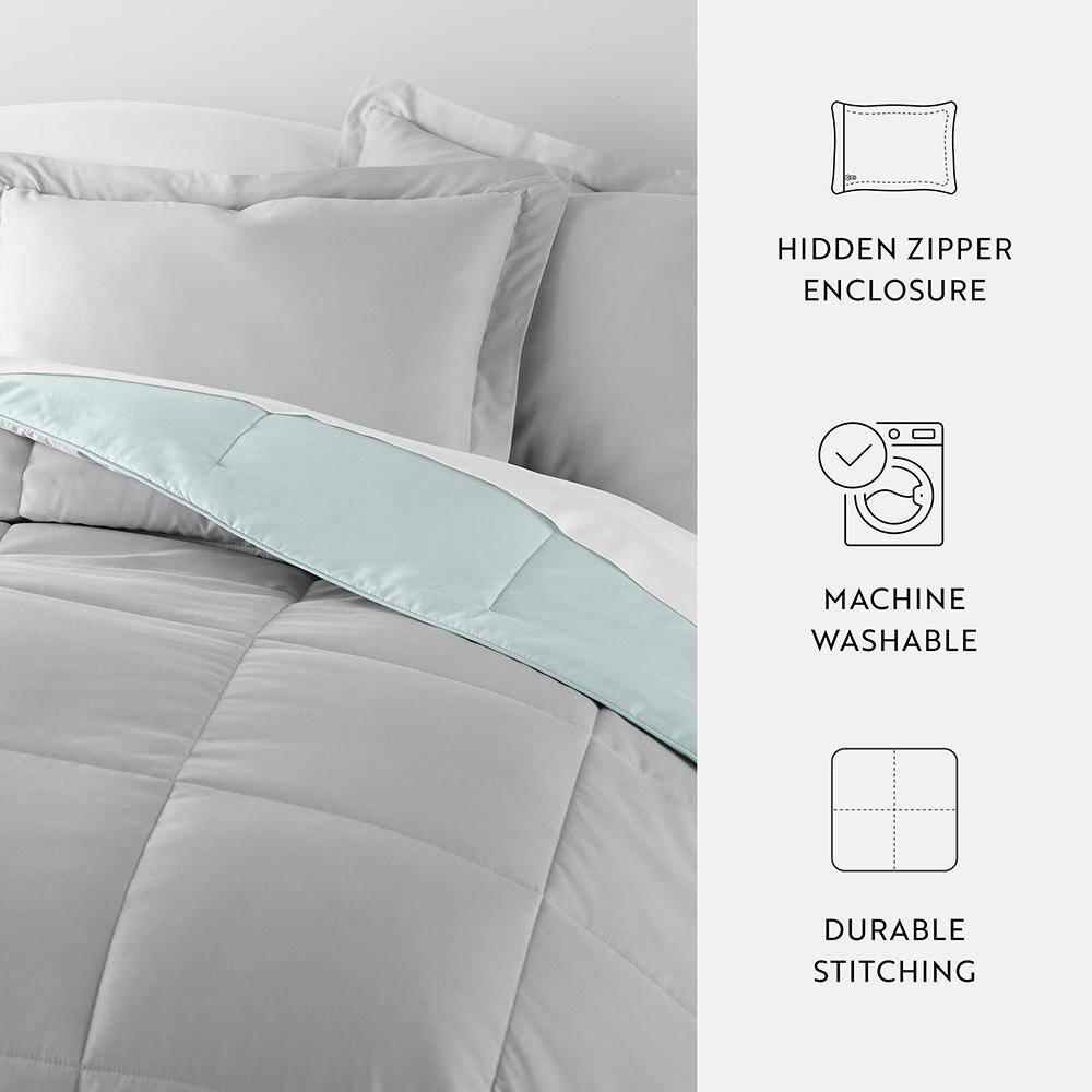 Aqua and Gray Reversible Down-Alternative Comforter Set, Full/Queen