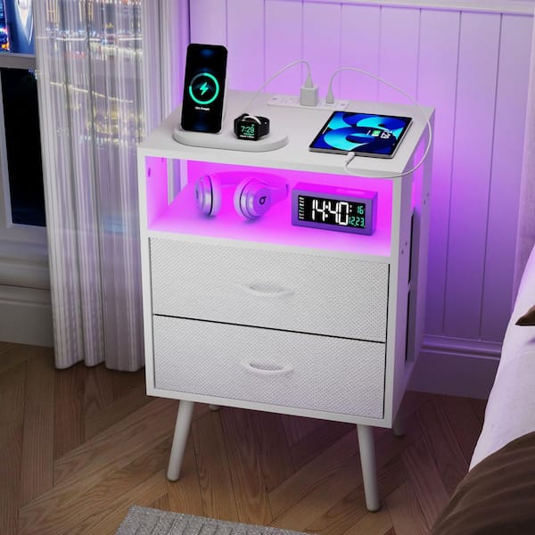 White 2-Piece Modern Nightstand with Charging Station and LED Light,2 Fabric Drawer per Nightstand,End Table for Bedroom