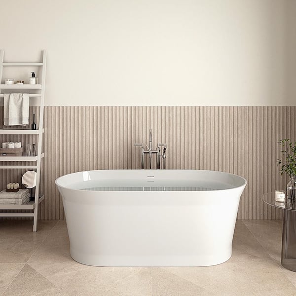 59 in. x 29 in. NS7060CH Stone Resin Freestanding Soaking Bathtub in Matte White with Polished Chrome Drain Bamboo Tray