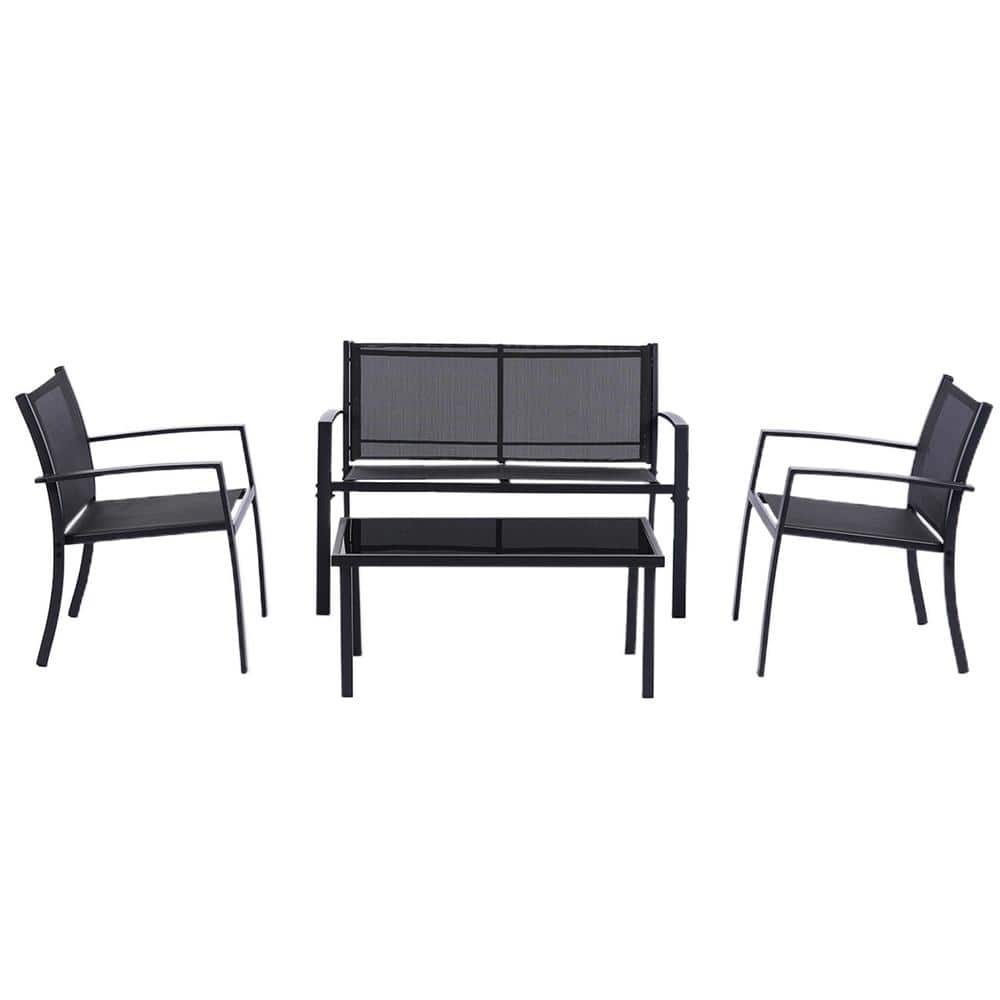 Black-3 Frame, Black Fabic 4-Pieces Textilene Outdoor Lounge Chair