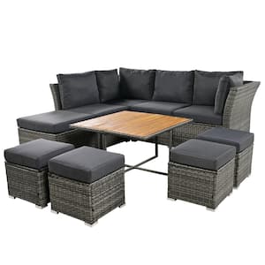 10-Piece Wicker Patio Conversation Set with Gray Cushions and Coffee Table