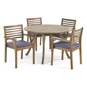 Casa Acacia Grey 5-Piece Acacia Wood Round Table with Carved Legs Patio Outdoor Dining Set with Dark Grey Cushions
