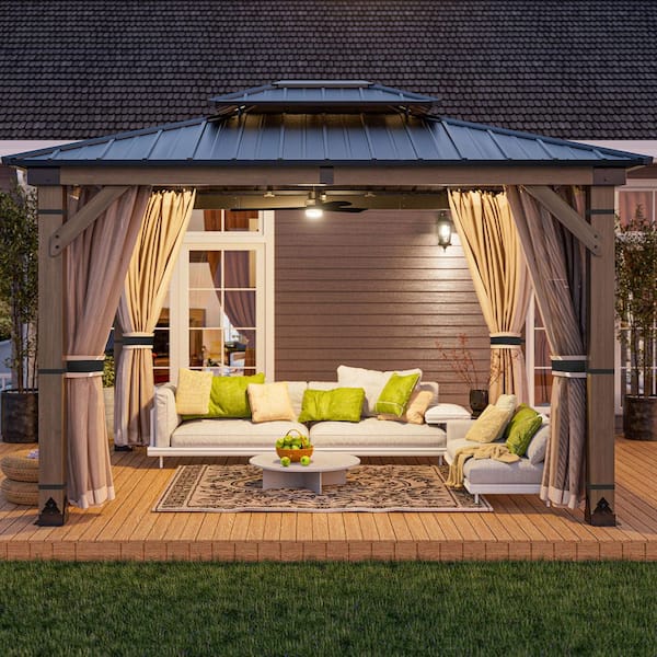 Cedarfort 10 ft. x 12 ft. Outdoor Cedar Wood Frame Hardtop Gazebo with Galvanized Steel Roof, Netting and Curtains