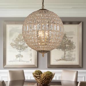 3-Light 18 in. Handcrafted Crystal Chandelier in Antique Gold Vintage French Globe Pendant Light with K9 Crystal Beads