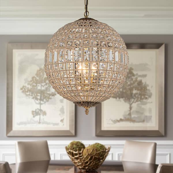 ALOA DECOR 3-Light 18 in. Handcrafted Crystal Chandelier in Antique Gold Vintage French Globe Pendant Light with K9 Crystal Beads
