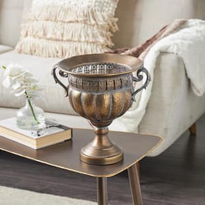 Bronze Urn Shaped Metal Decorative Vase with Hammered Details and Cut Outs