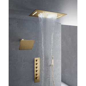 5-Spray 23 in. x 15 in. Ceiling Mount LED Music Dual Shower Head Fixed and Handheld Shower Head 2.5 GPM in Brushed Gold