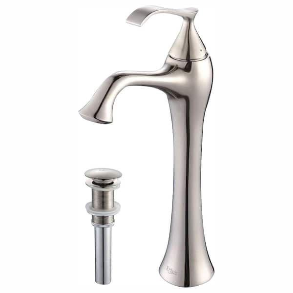 KRAUS Ventus Single Hole Single-Handle High-Arc Vessel Bathroom Faucet with Matching Pop-Up Drain in Brushed Nickel
