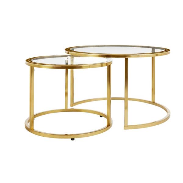 Cheval 2-Piece 30 in. Gold/Glass Medium Round Glass Coffee Table Set with Nesting Tables