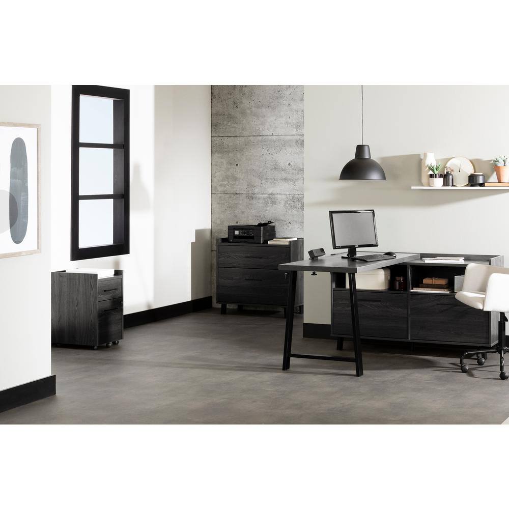 Gray Oak L-Shaped Computer Desk with Power Outlet and Filing Cabinet