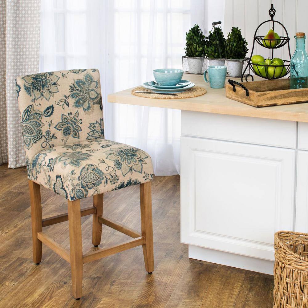 Lexie 24" Blue Floral Upholstered Counter Stool with Wood Legs
