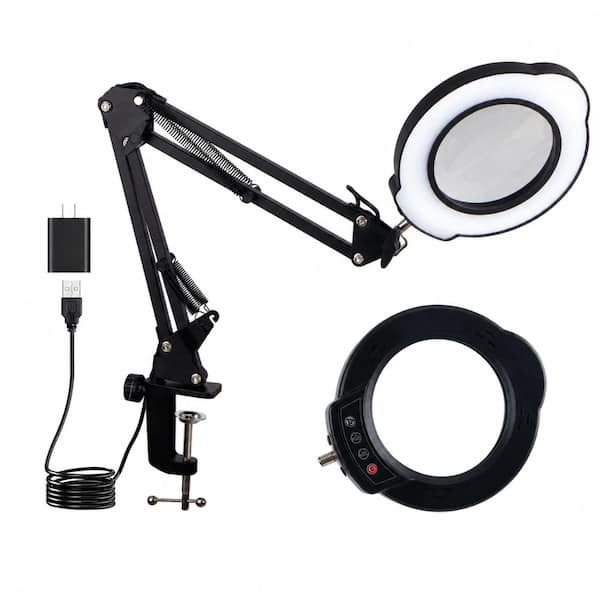 12X LED Magnifying Desk Lamp with Clamp, Glass Lens, 84 LED Ring Light, 5 Color Modes, Stepless Dimming