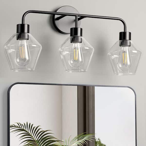 24 in. 3-Light Matte Black Vanity Light with sophisticated 5-Sided Clear Glass Shade