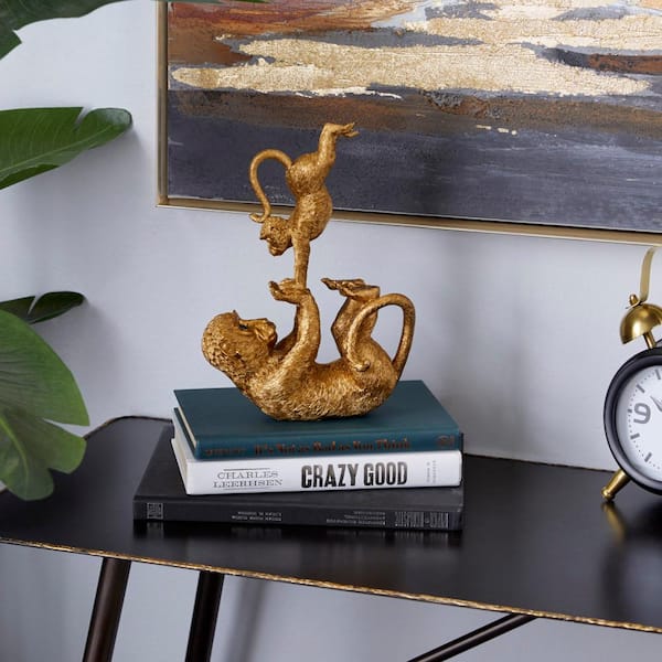 Litton Lane 3 in. x 11 in. 11 in. x 8 in. Gold Polystone Eclectic Monkey Sculpture