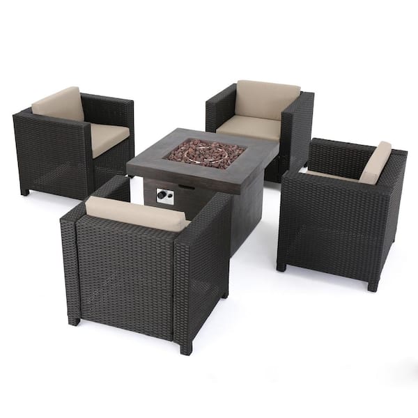 Noble House Puerta Dark Brown 4-Piece Faux Rattan Patio Fire Pit Seating Set with Beige Cushions