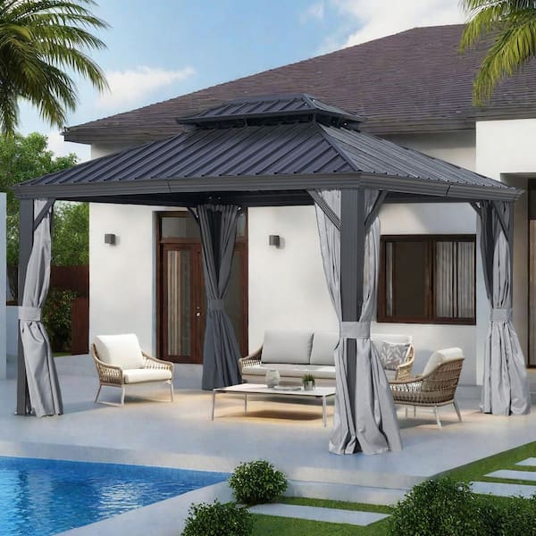 12 ft. x 16 ft. Black Outdoor Aluminum Hardtop Gazebo with Metal Double Roof Pergola, Netting, and Curtain