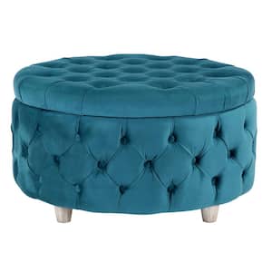 Highland 29.5 in. Teal Wide Tufted Velvet Round Ottoman with Storage