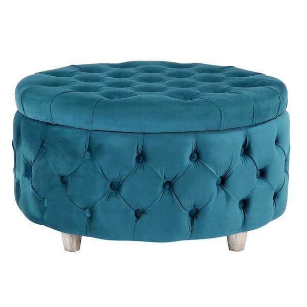 Highland 29.5 in. Teal Wide Tufted Velvet Round Ottoman with Storage