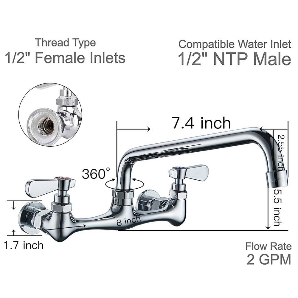 BWE Double Handles Wall Mount Modern Standard Kitchen Faucet With 8 Inch Swivel Spout 8" Center