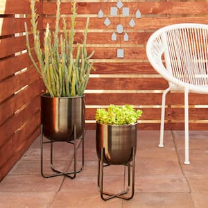 16 in., and 13 in. Medium Black Metal Indoor Outdoor Planter with Removable Stand (2- Pack)