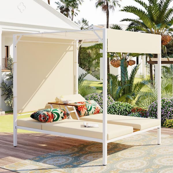 Beige Metal Outdoor Day Bed with Blue Cushions, 3-Position Adjustable Backrest, Adjustable Tabletop and Curtain