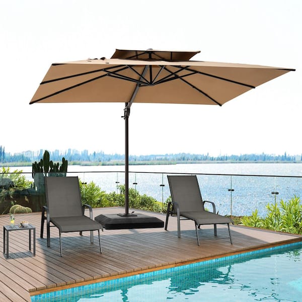 Pellebant 10.5 ft. x 9 ft. 2-Tier Top Aluminum Crank-Control 360° Rotation Cantilever Tilt Patio Umbrella in Tan with Base