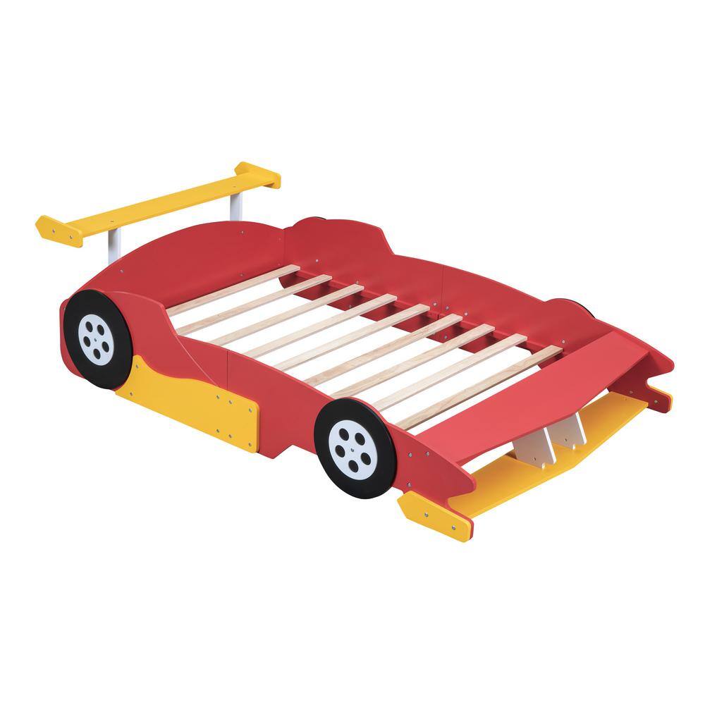 Harper & Bright Designs Red Full Size Race Car-Shaped Kids Bed Platform ...